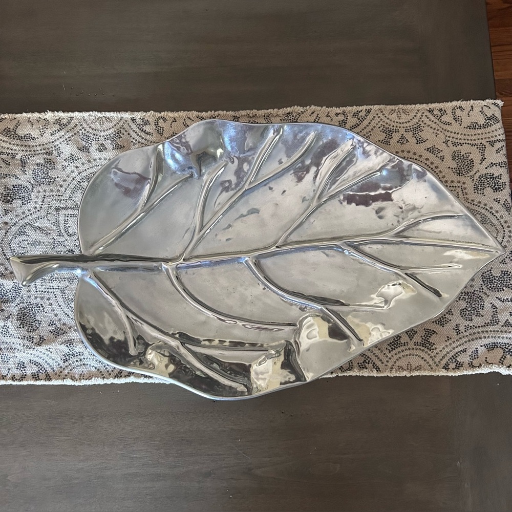 Large Pewter Leaf-Shaped Footed Decorative Tray Platter Approximately 24” x 13”